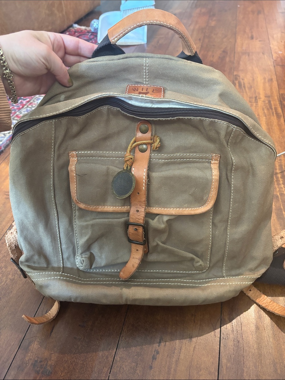 Will Leather Goods khaki Canvas Backpack with Tan Leather Trim